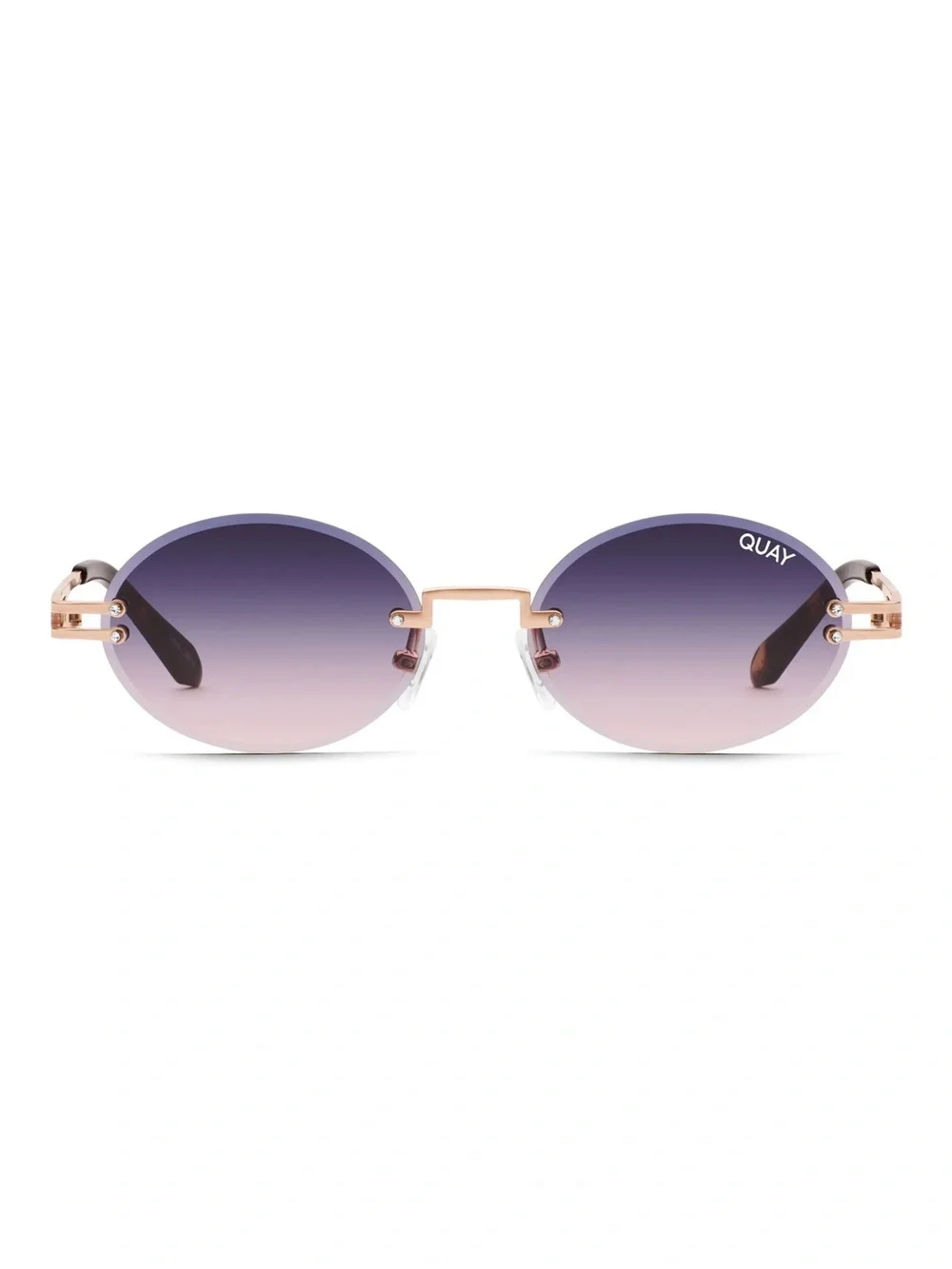 QUAY Literally Obsessed Rimless Oval Sunglasses-Rose Gold/Blue Pink Fade Lens